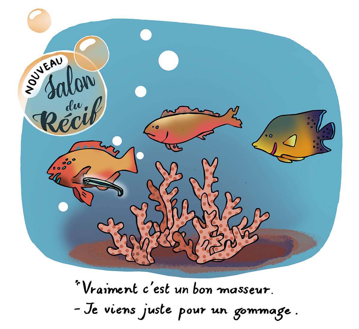Dessin humoristique avec des poissons qui viennent au salon du récif du labre nettoyeur. 